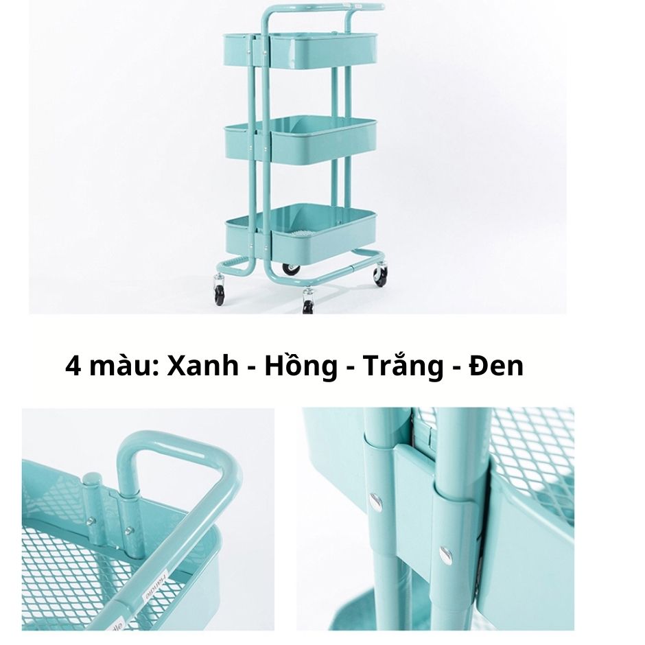 Xe đẩy 3 tầng có bánh xe đựng đồ - Kim loại xanh