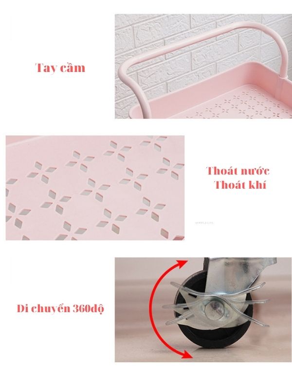 Xe đẩy Spa kệ 3 Tầng Trắng Có Bánh Xe - Nhựa hồng
