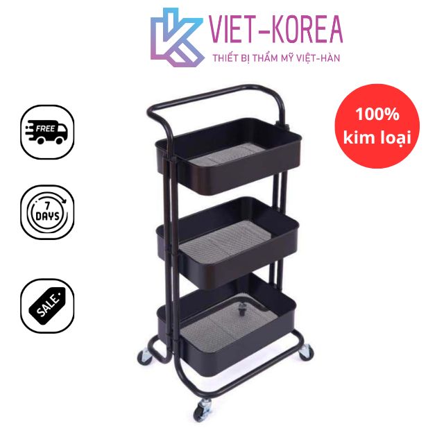 Xe đẩy 3 tầng có bánh xe đựng đồ - Kim loại Đen