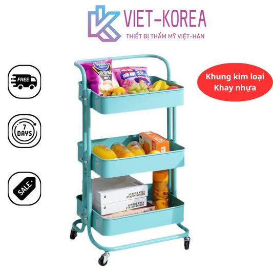 Xe đẩy Spa kệ 3 Tầng Trắng Có Bánh Xe - Nhựa xanh