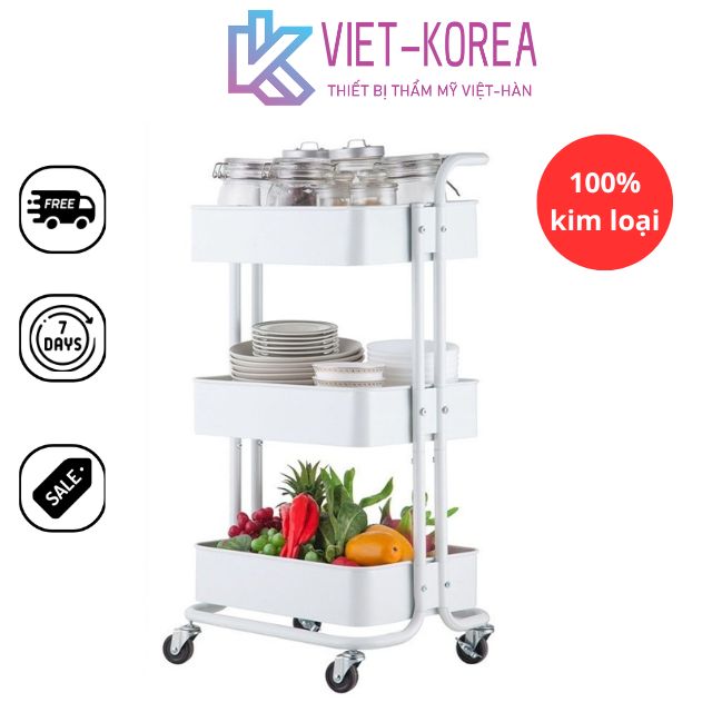 Xe đẩy 3 tầng có bánh xe đựng đồ - Kim loại Trắng