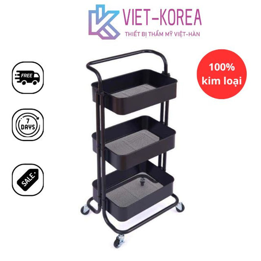 Xe đẩy 3 tầng có bánh xe đựng đồ - Kim loại Đen