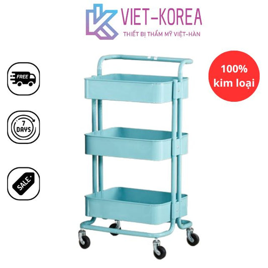 Xe đẩy 3 tầng có bánh xe đựng đồ - Kim loại xanh