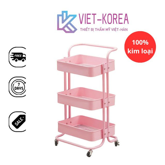 Xe đẩy 3 tầng có bánh xe đựng đồ - Kim loại hồng